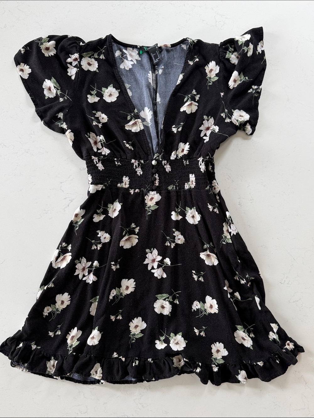 Forever 21 Black Floral V-Neck Ruffled Mini Dress
